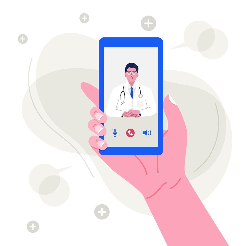 Online medical service concept. Hand holding smartphone with male doctor on screen, flat vector illustration.