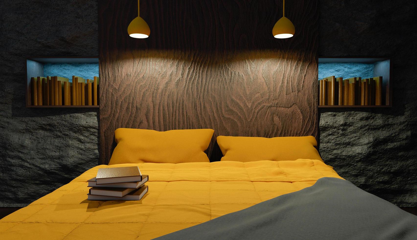 Interior de un dormitorio con cabecero de madera. foto