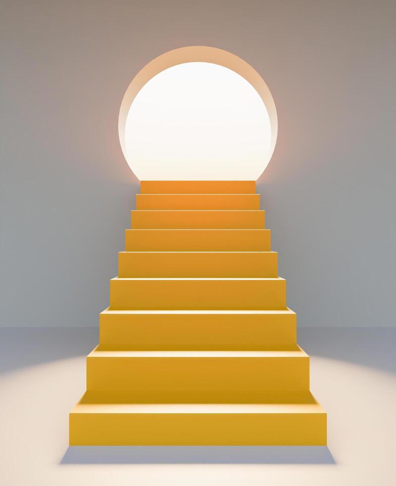 escaleras al frente con una puerta redonda iluminada foto