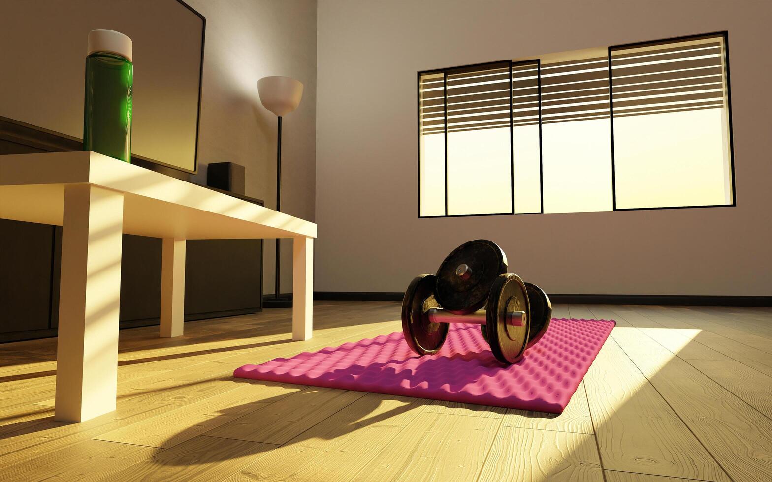 Small improvised gym in the living room of a house photo