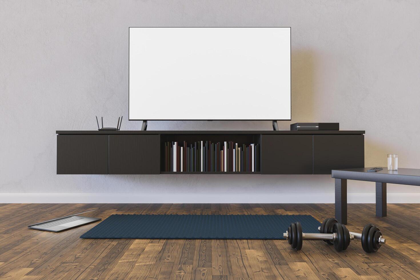 Living room with TV mockup with dumbbells photo