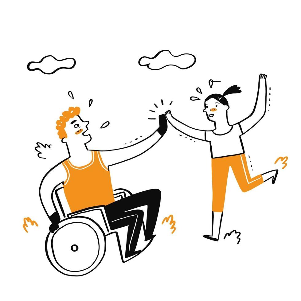 A handicapped man sitting in wheelchair high fives a girl vector