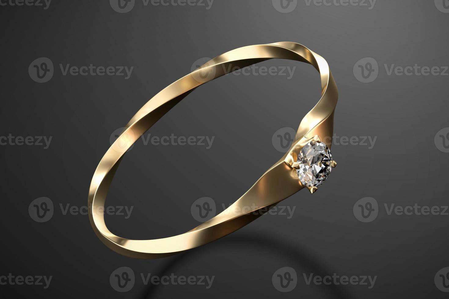 Gold diamond ring isolated on black background, 3D rendering photo