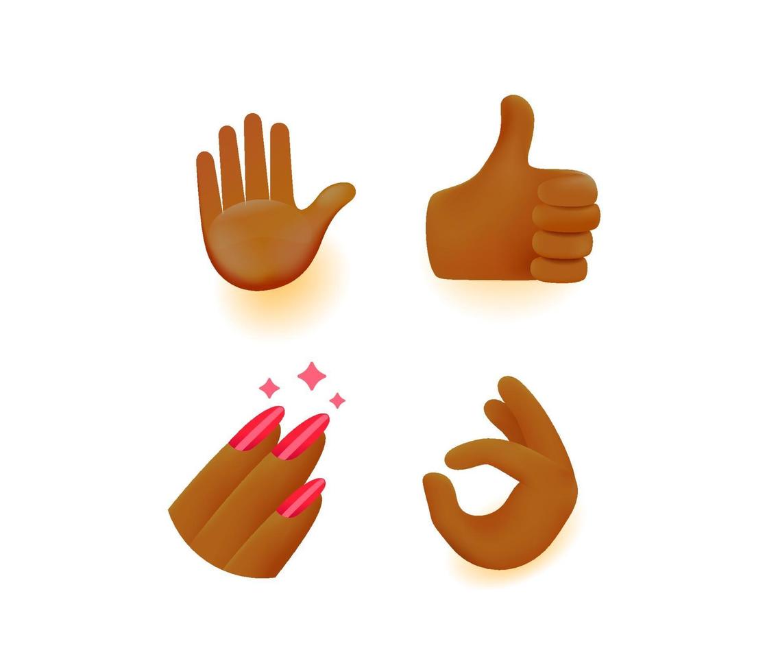 Colección de vectores de emoji de piel oscura aislada sobre fondo blanco