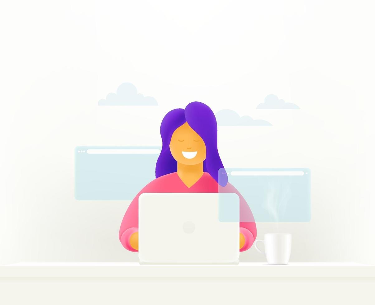 mujer que trabaja en internet sentada a la mesa. Linda ilustración de estilo 3d vector