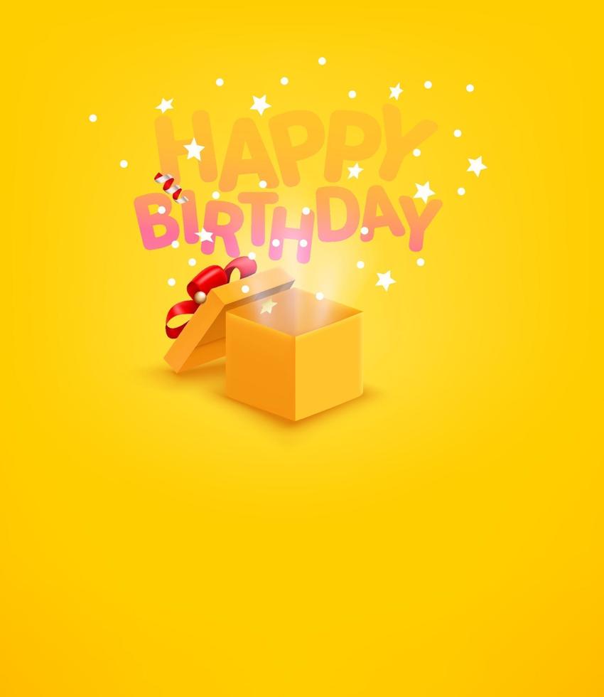 Happy birthday vector banner with gift box and confetti. Illustration with copy space