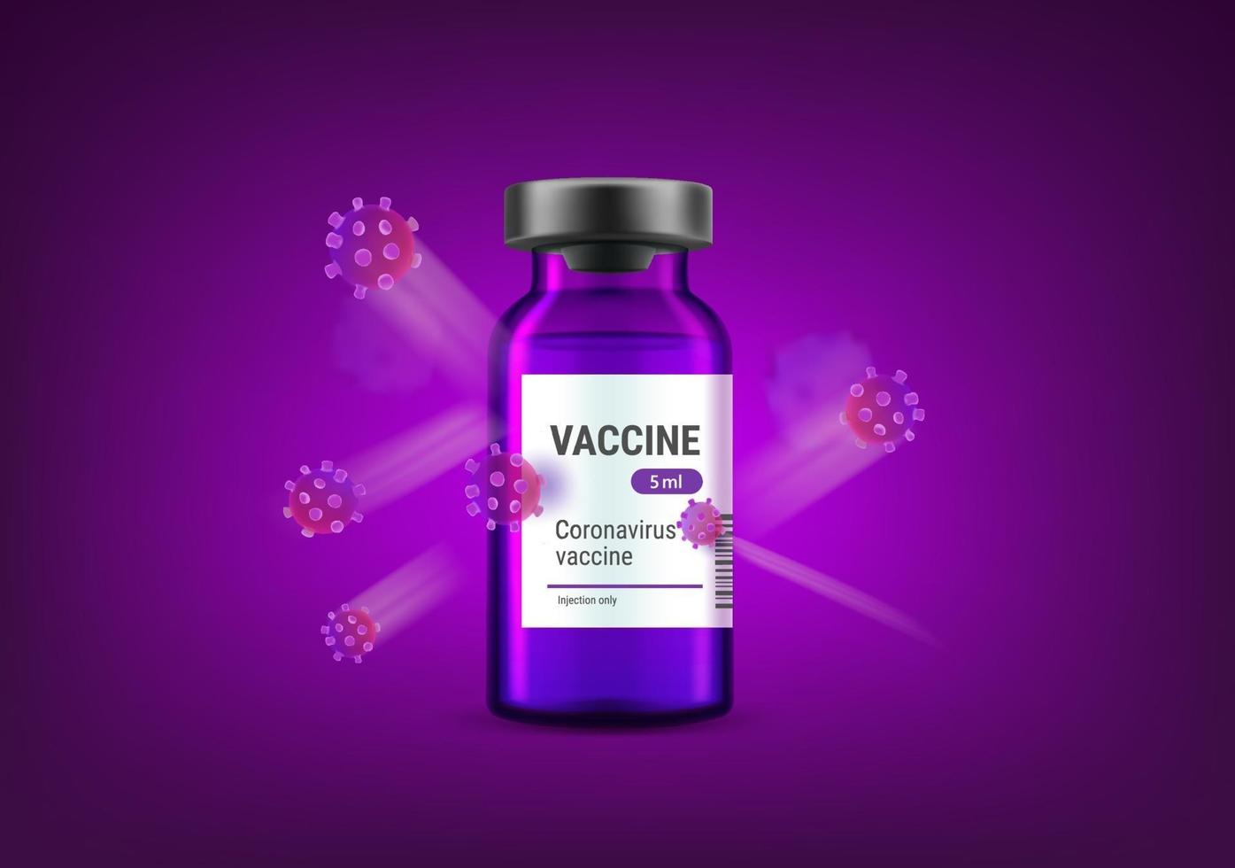 Vacuna covid-19 versus concepto de vector de virus. Ilustración de coronavirus con vial y moleculas de coronavirus.