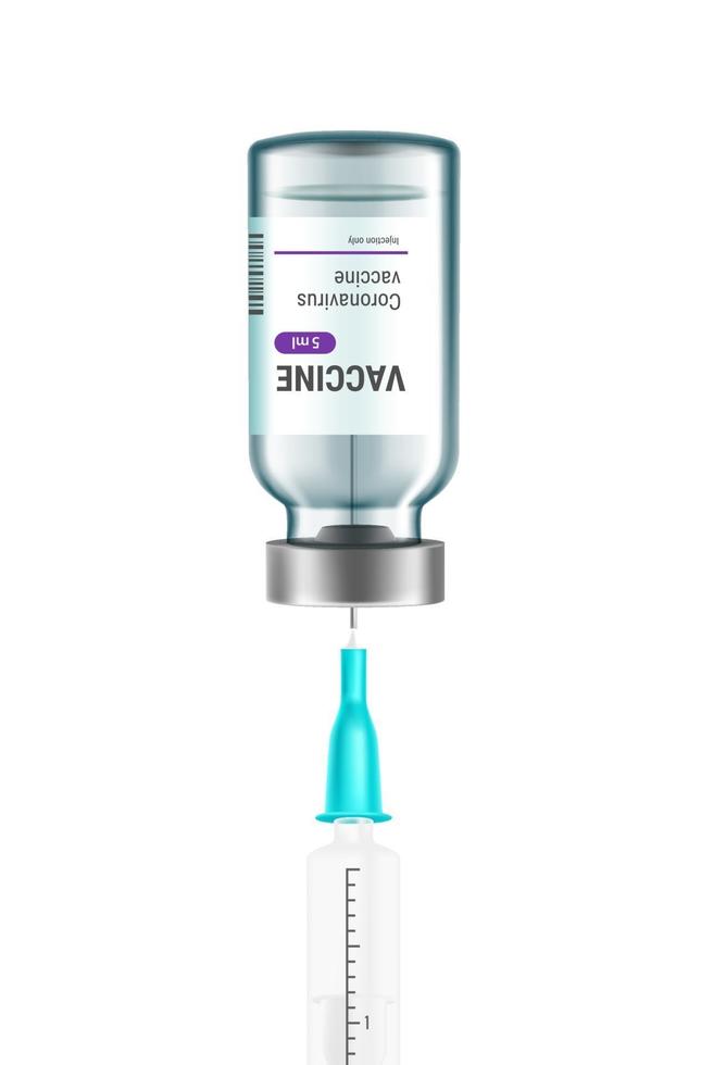 Vaccine glass vial with needle of plastic syringe inside isolated vector