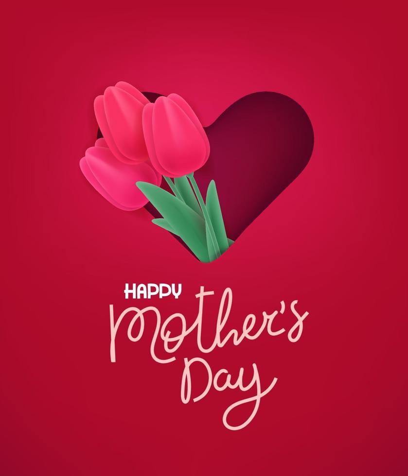 Happy Mothers day vector banner. Cut out effect with cute red tulips