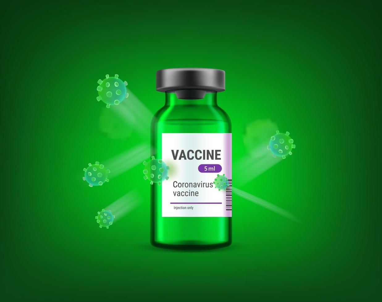 Vacuna covid-19 versus concepto de vector de virus. Ilustración de coronavirus con vial y moleculas de coronavirus.