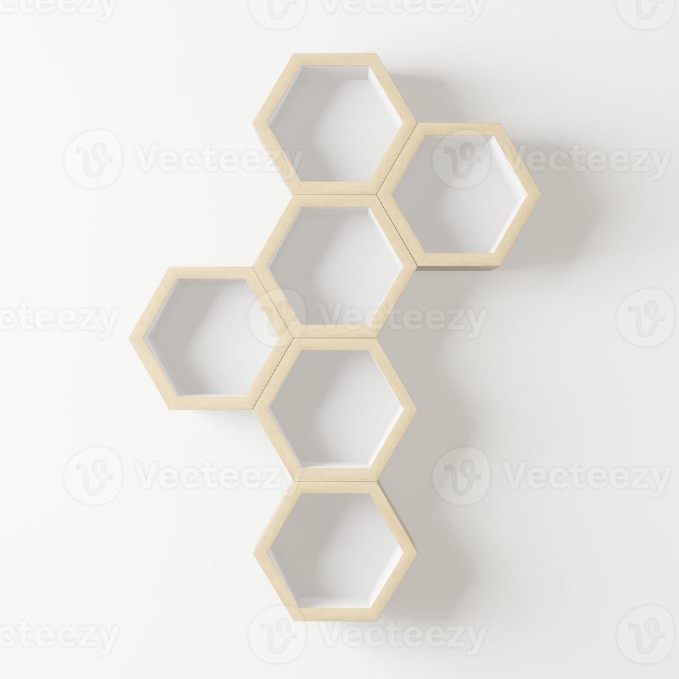 Estante hexagonal de madera con espacio de copia para maqueta sobre fondo aislado foto