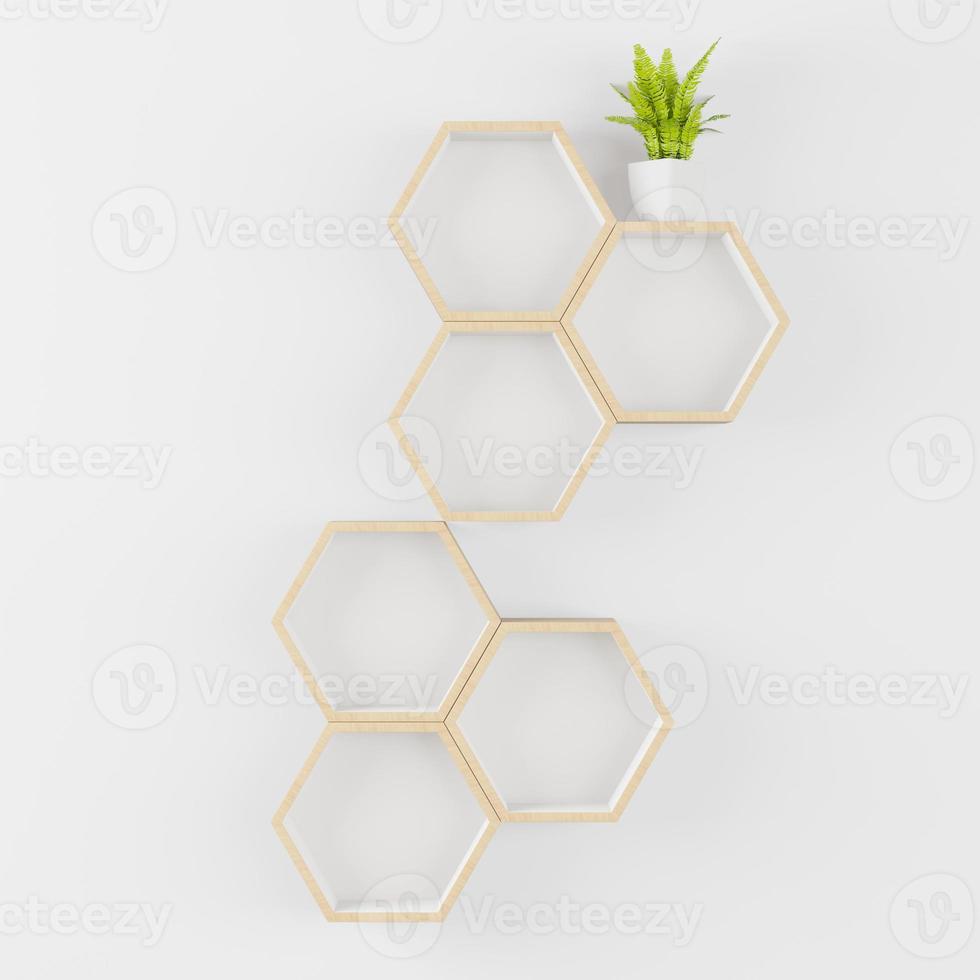 Wooden hexagon shelf with copy space for mockup on isolated background photo