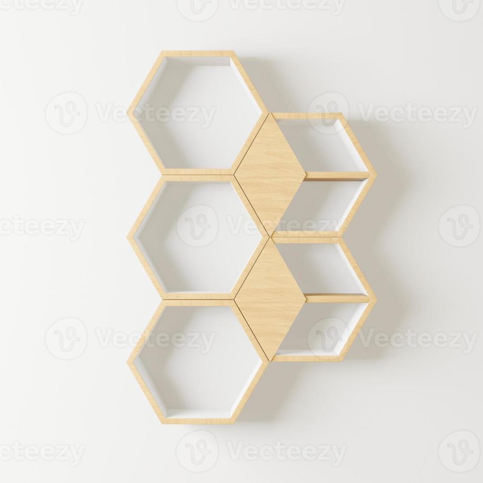 Estante hexagonal de madera con espacio de copia para maqueta sobre fondo aislado foto