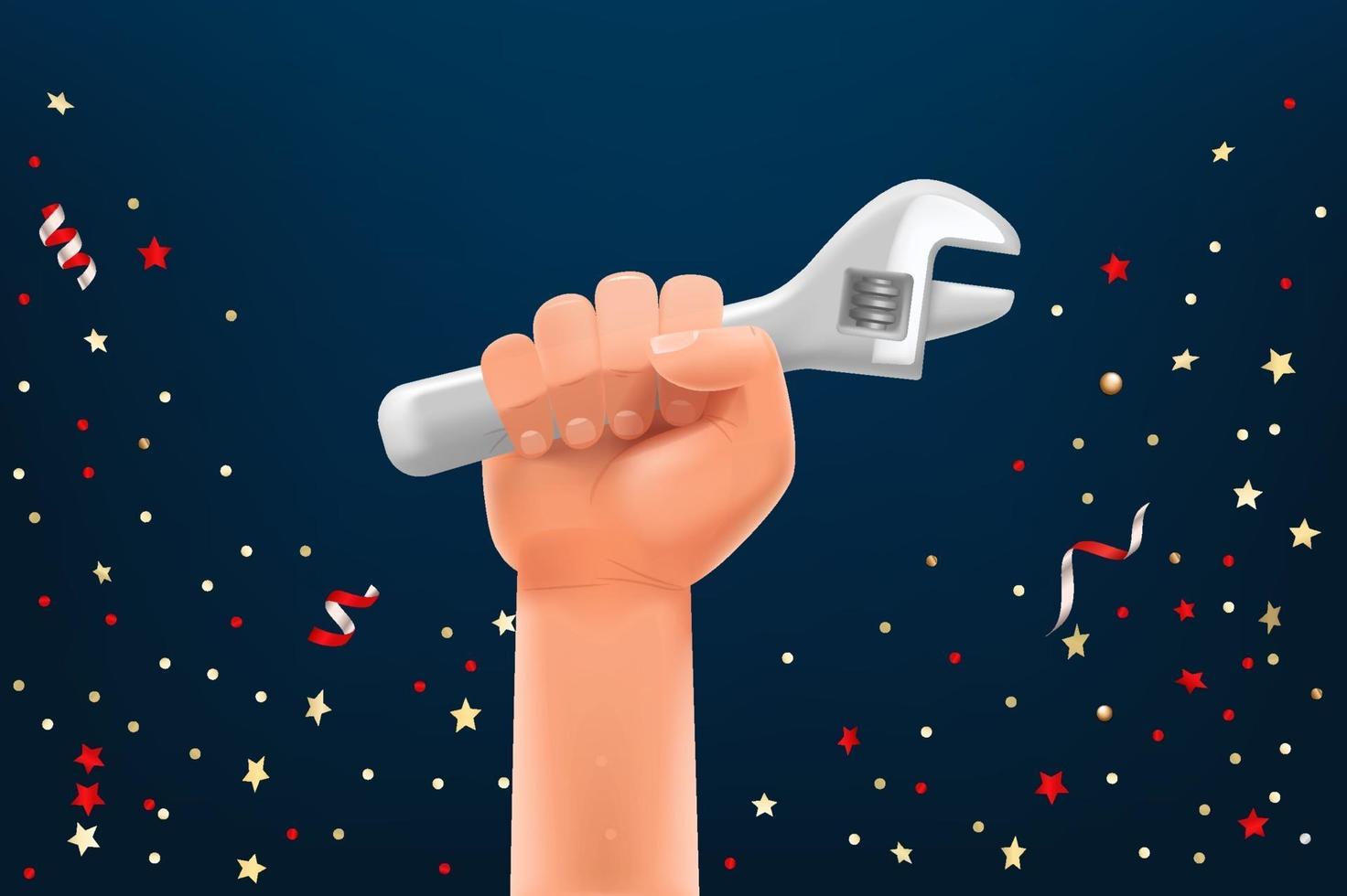 Labor day greeting card vector template. Mans hand with metal wrench