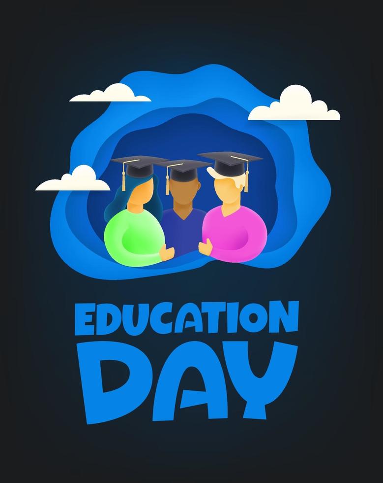 Education day. Group of young students with graduation cap. Cutout style vector illustration