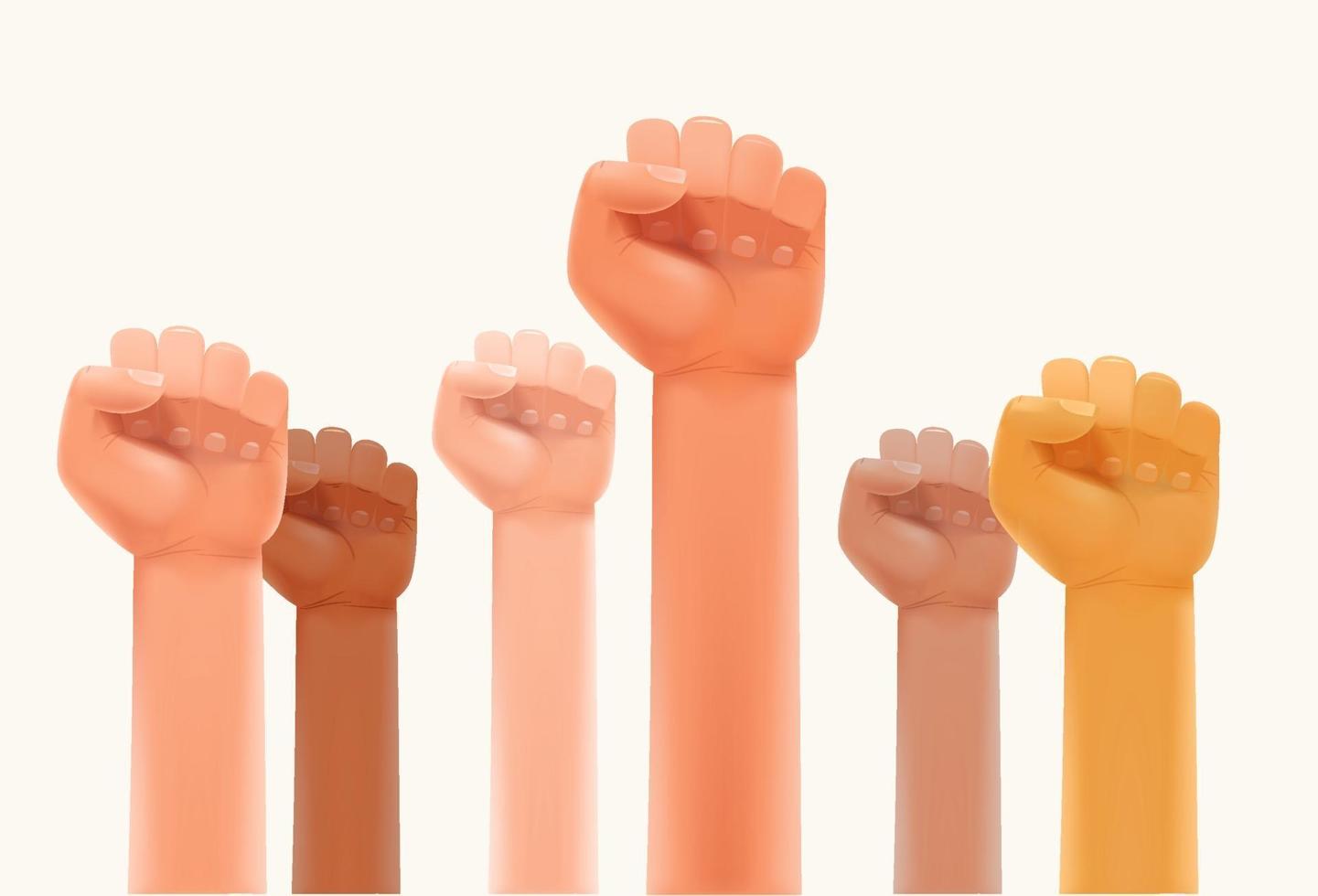 Interracial fists up in the air. Strike or human power concept vector