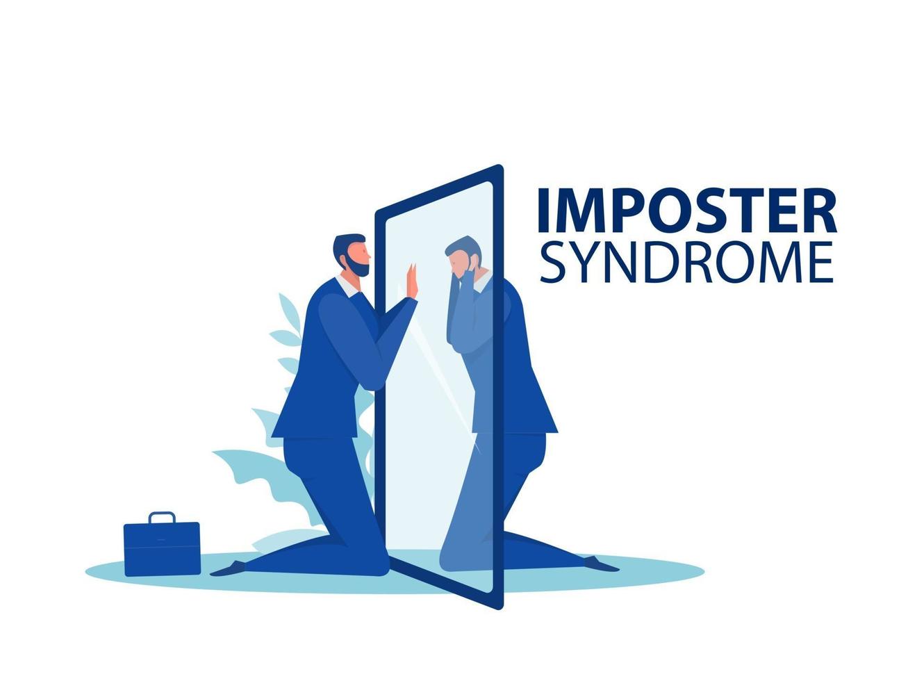 síndrome del impostor. empresario mirando en el espejo con miedo detrás de la sombra. Problemas de salud mental, ansiedad y falta de confianza en uno mismo en el trabajo ilustración vectorial vector