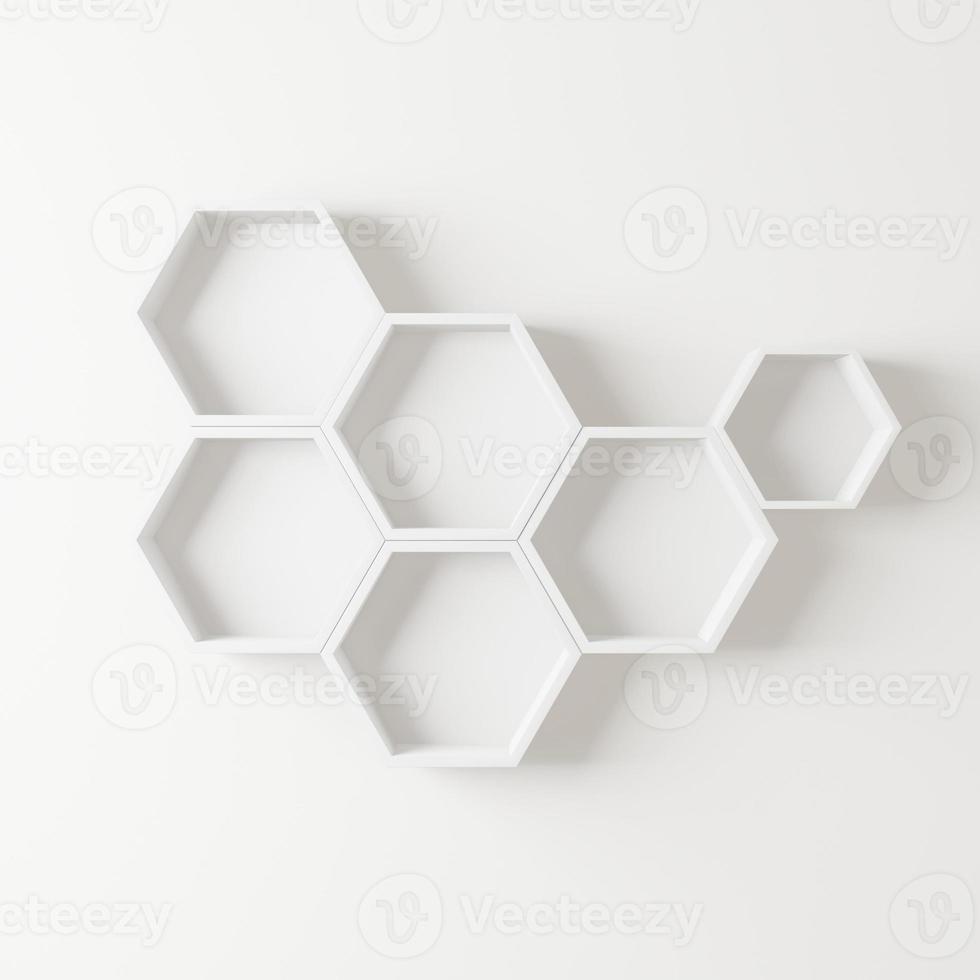 Wooden hexagon shelf with copy space for mockup on isolated background photo