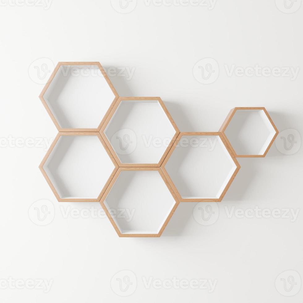 Wooden hexagon shelf with copy space for mockup on isolated background photo