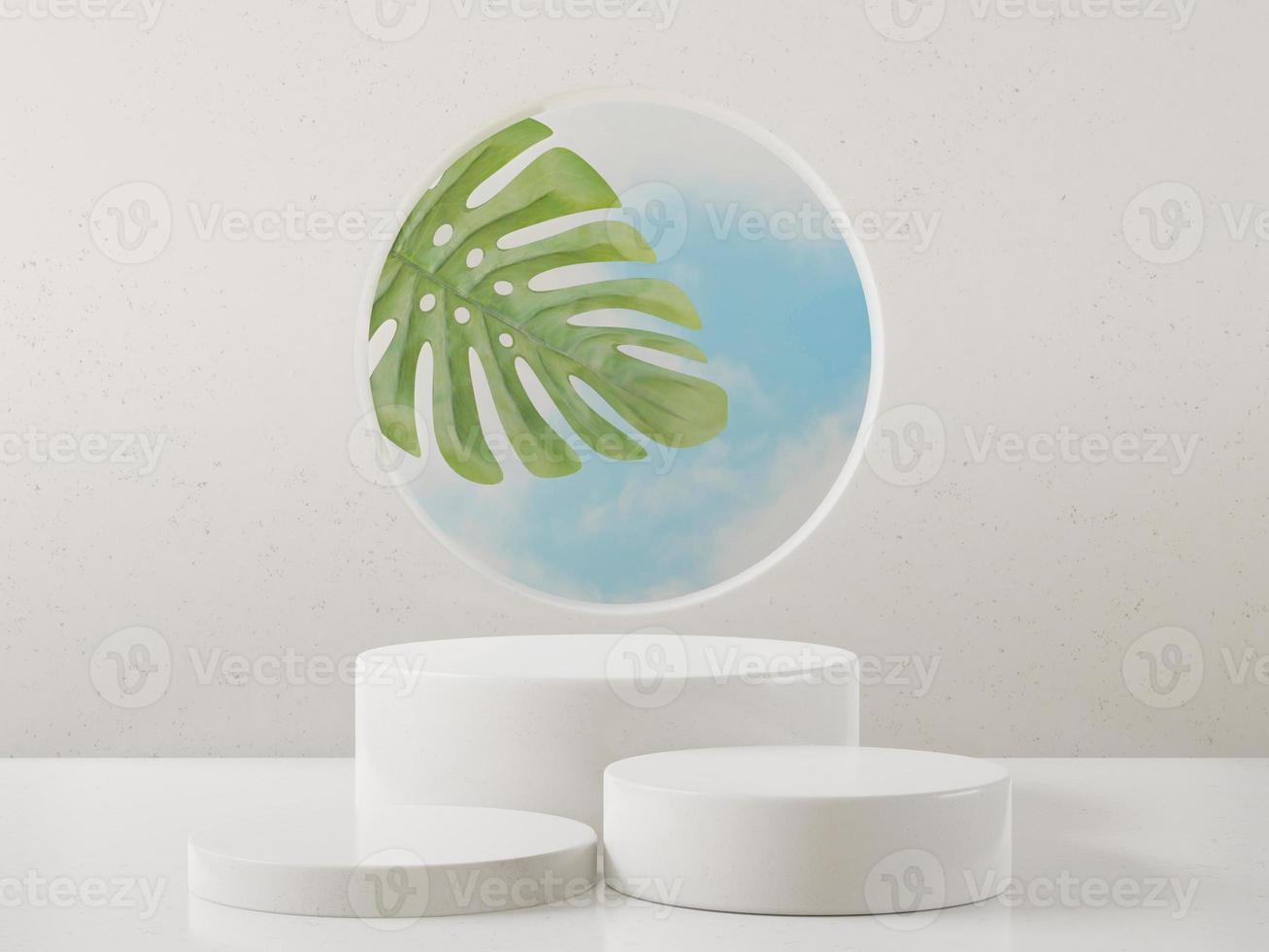 Cosmetic marble podium for product presentation and Monstera photo