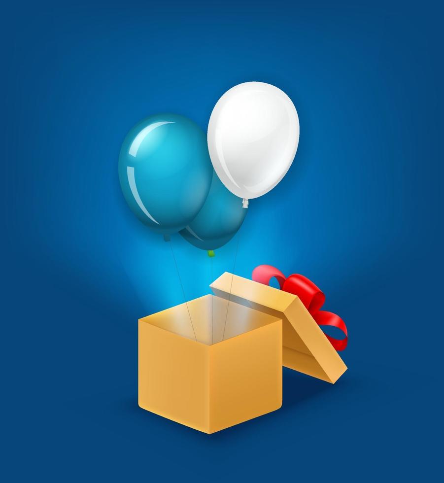 Opened box with air balloons flying out from the box. Greeting card template vector