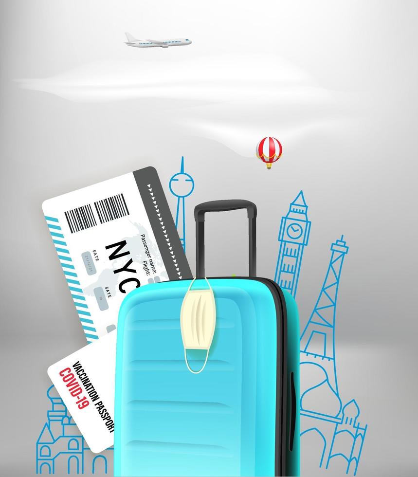 Summer travel in covid. Concept with baggage, camera, protective mask. Summer 2021 vector