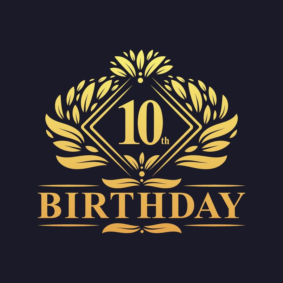 Logotipo de cumpleaños de 10 años, celebración de cumpleaños número 10 de oro de lujo. vector