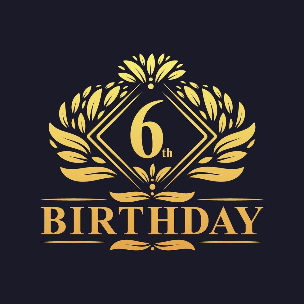 Logotipo de cumpleaños de 6 años, celebración de cumpleaños número 6 de oro de lujo. vector