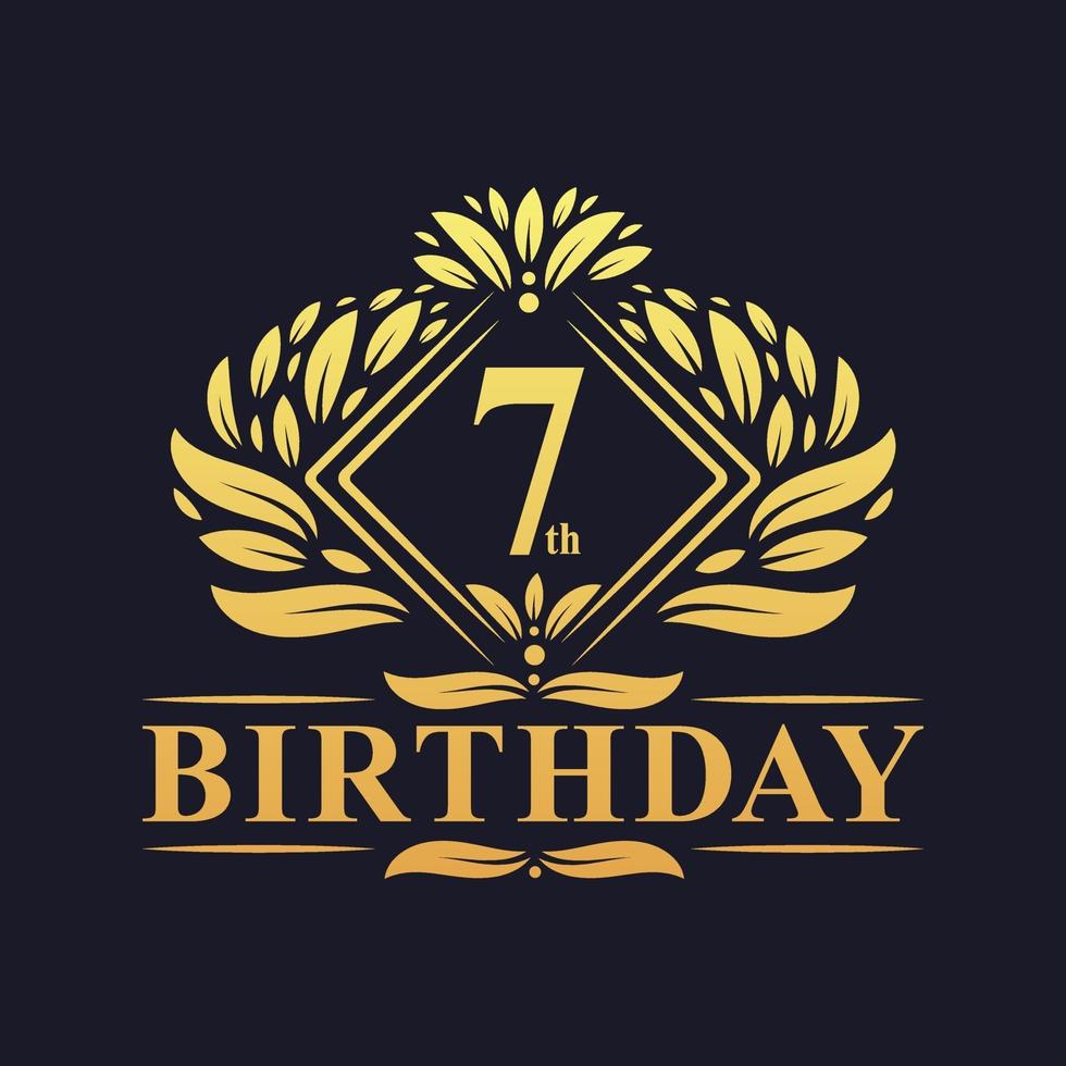 Logotipo de cumpleaños de 7 años, celebración de cumpleaños número 7 de oro de lujo. vector