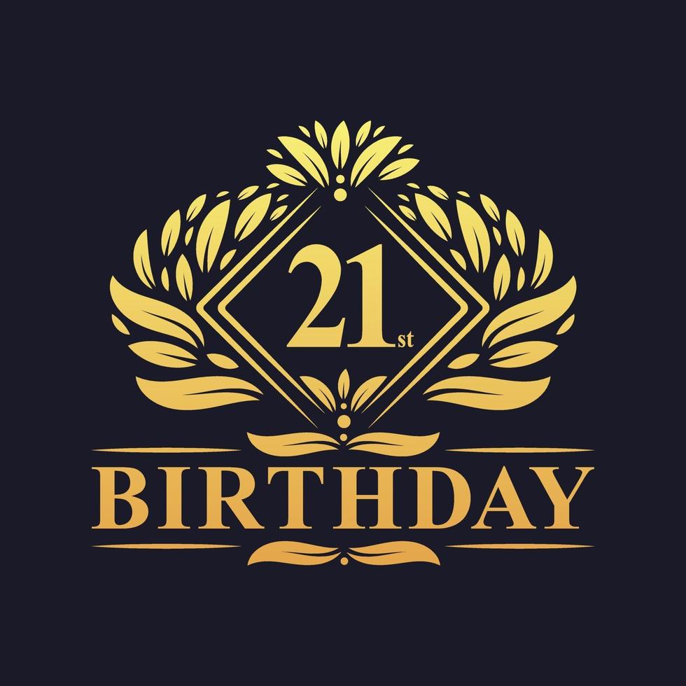 Logotipo de cumpleaños de 21 años, celebración de cumpleaños número 21 de oro de lujo. vector