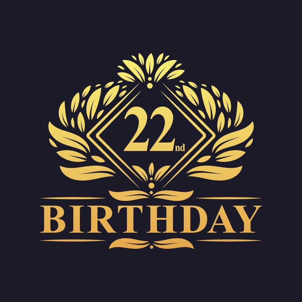 Logotipo de cumpleaños de 22 años, celebración de cumpleaños 22 de oro de lujo. vector