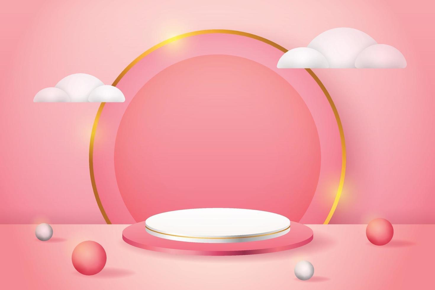 3d product display pink and white podium with circles and white clouds vector