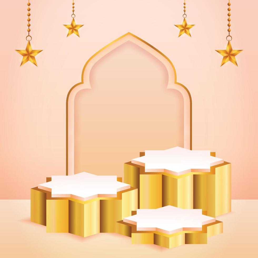 3d product display peach color and gold podium themed islamic with star for ramadan vector