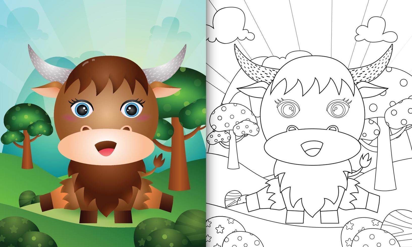 Coloring book for kids with a cute buffalo character illustration vector