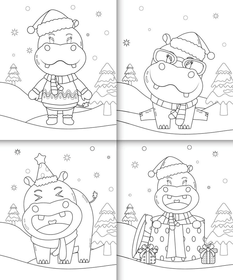 Coloring book with cute hippo christmas characters vector