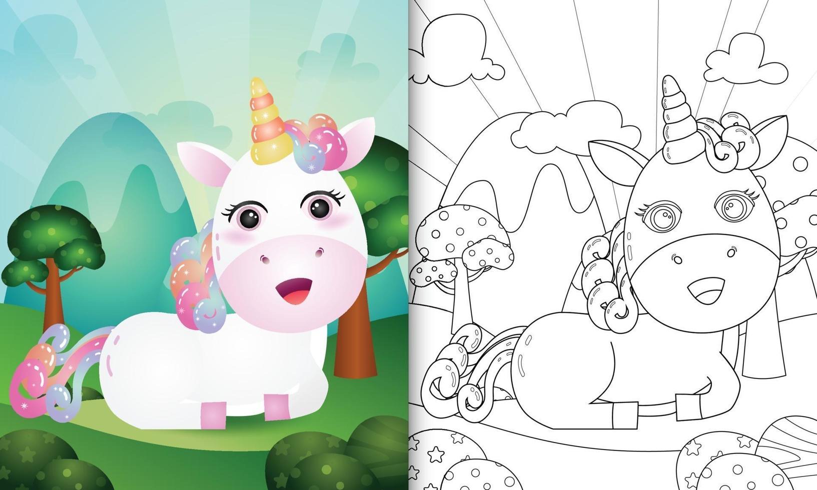 libro para colorear para niños con una linda ilustración de personaje de unicornio vector