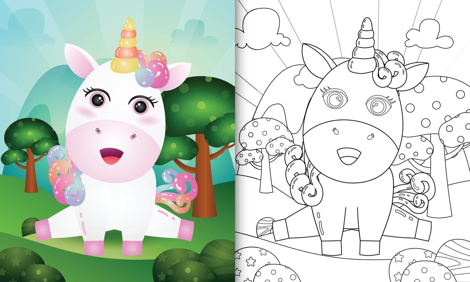 libro para colorear para niños con una linda ilustración de personaje de unicornio vector