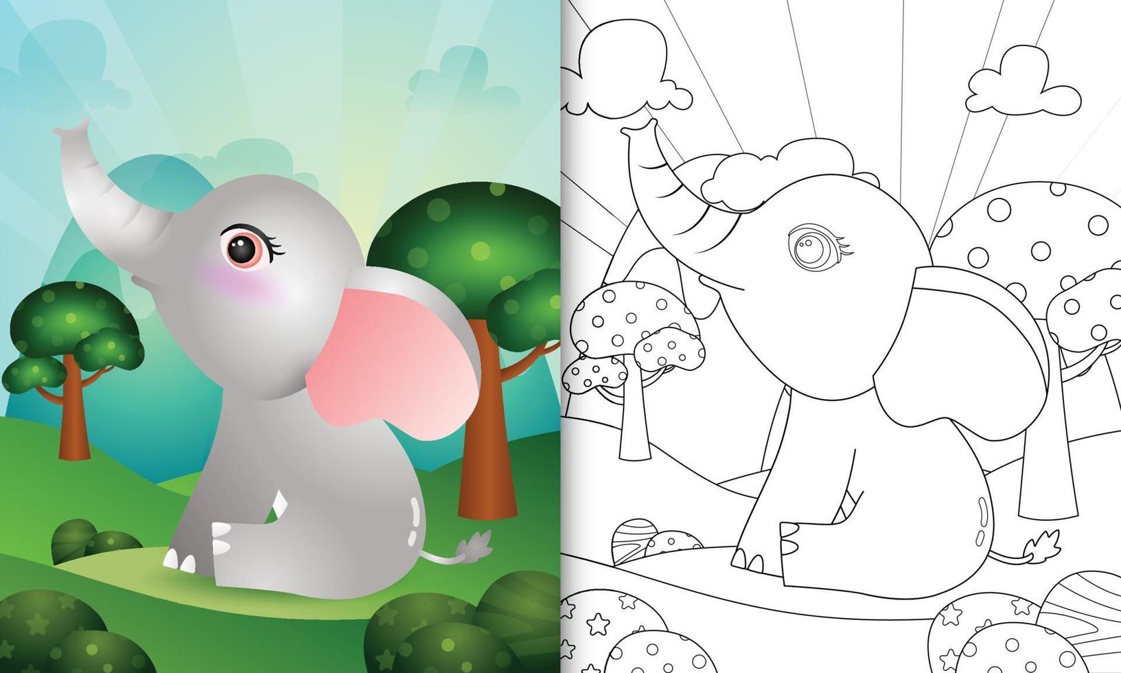 libro para colorear para niños con una linda ilustración de personaje de elefante vector