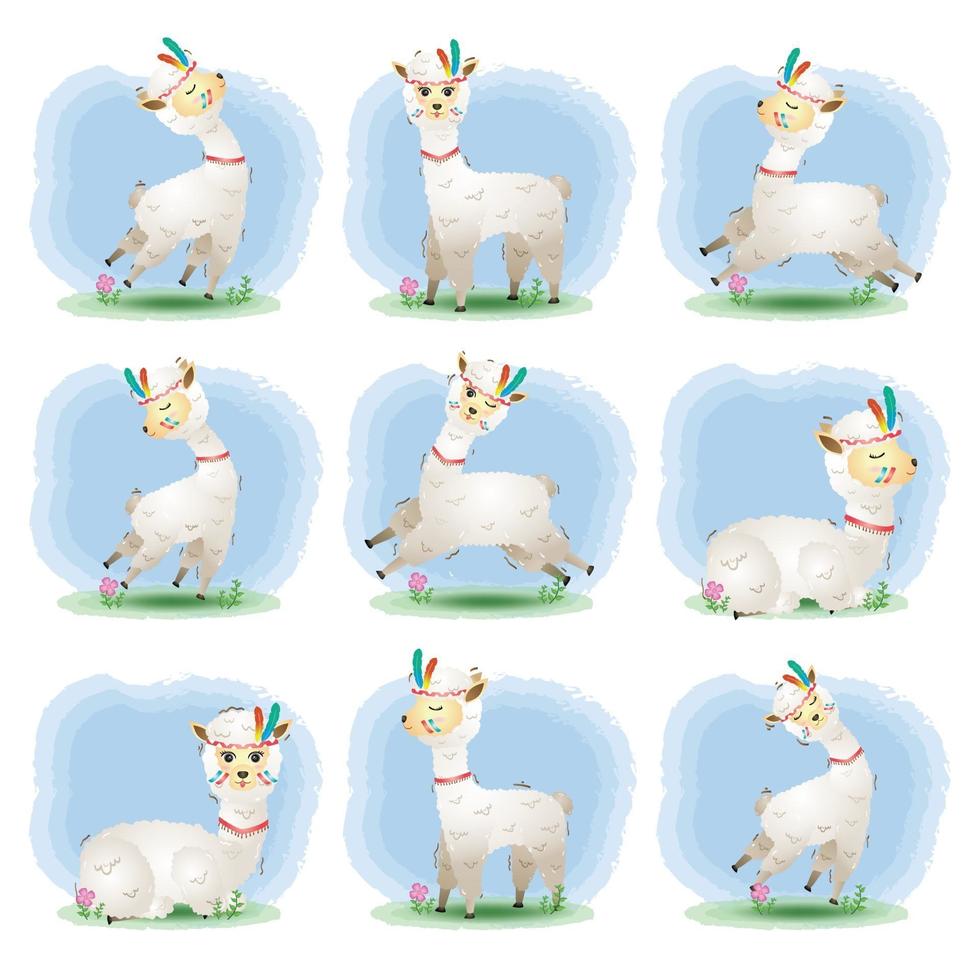 Cute alpaca collection with apache costume vector