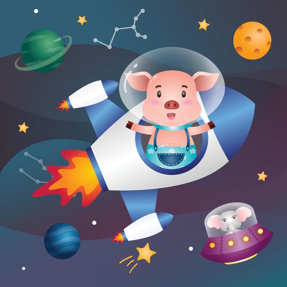 Cute pig in the space galaxy vector