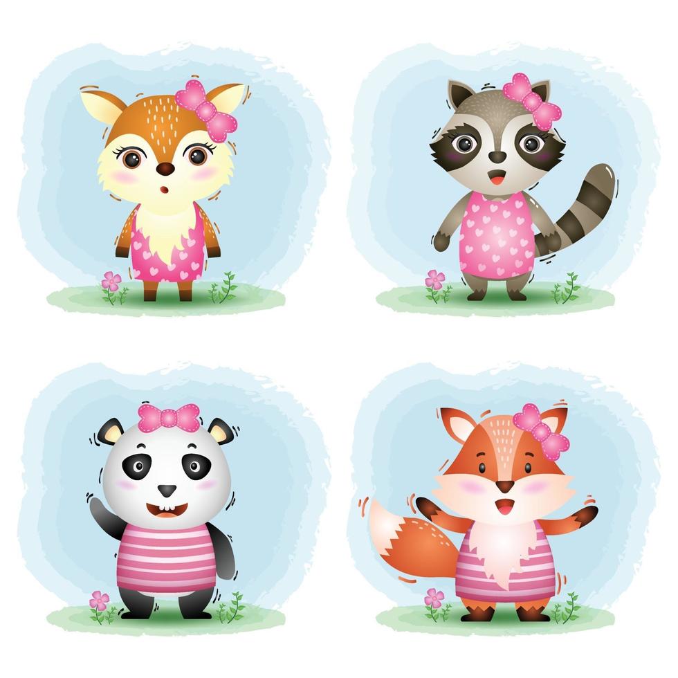 Cute animals collection, deer, raccoon, panda and fox vector