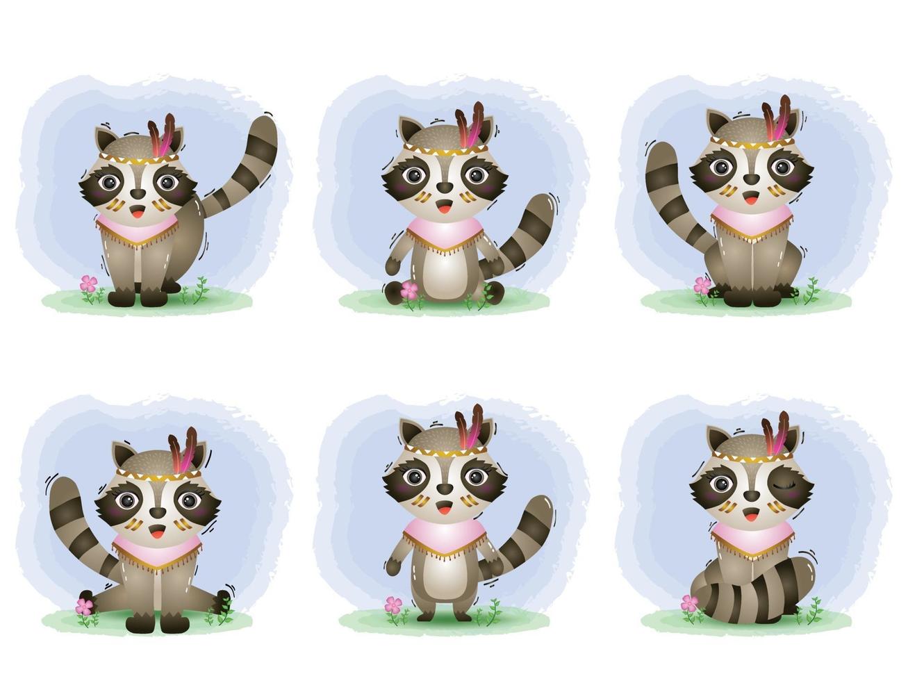 Cute raccoons collection with apache costume vector