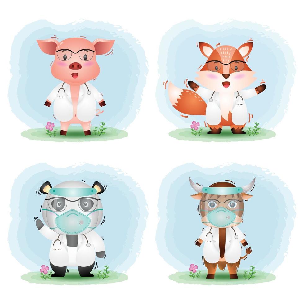Cute animals with doctor costume collection, pig, fox, panda and yak vector