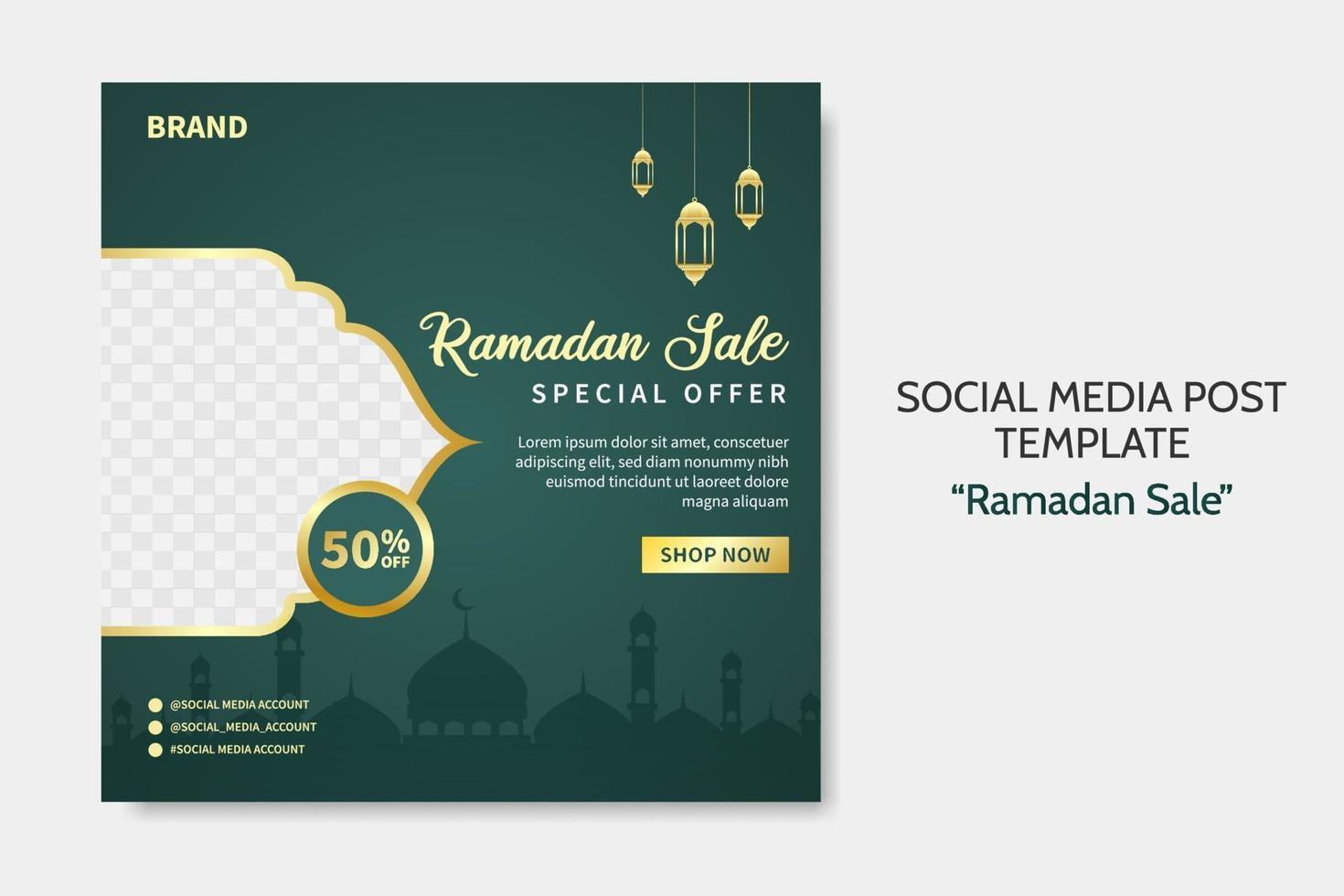 Ramadan Sale social media post template. Web banner advertising with green and golden color style for greeting card, voucher, islamic event. vector