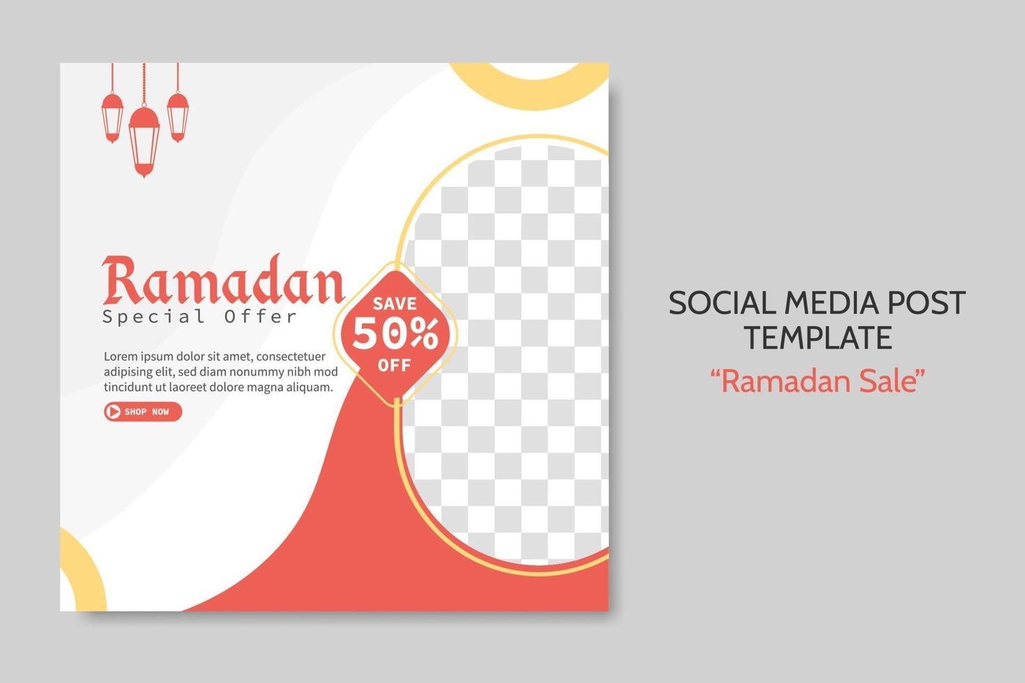 Plantilla de publicación de redes sociales de venta de Ramadán. publicidad de banner web con estilo de color rojo y dorado para tarjetas de felicitación, cupones, eventos islámicos. vector