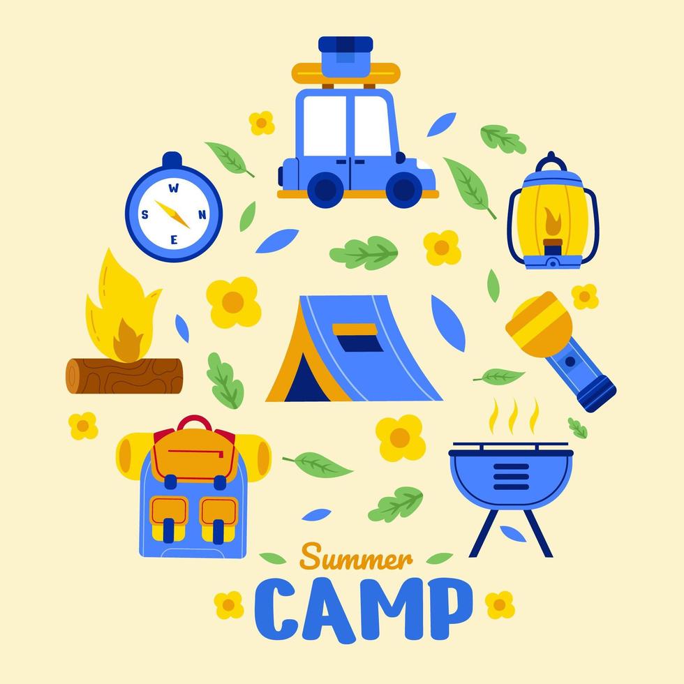 campamento de verano senderismo conjunto de iconos vector