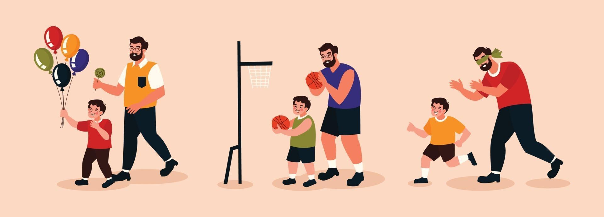 personaje de padre e hijo haciendo diversas actividades. vector