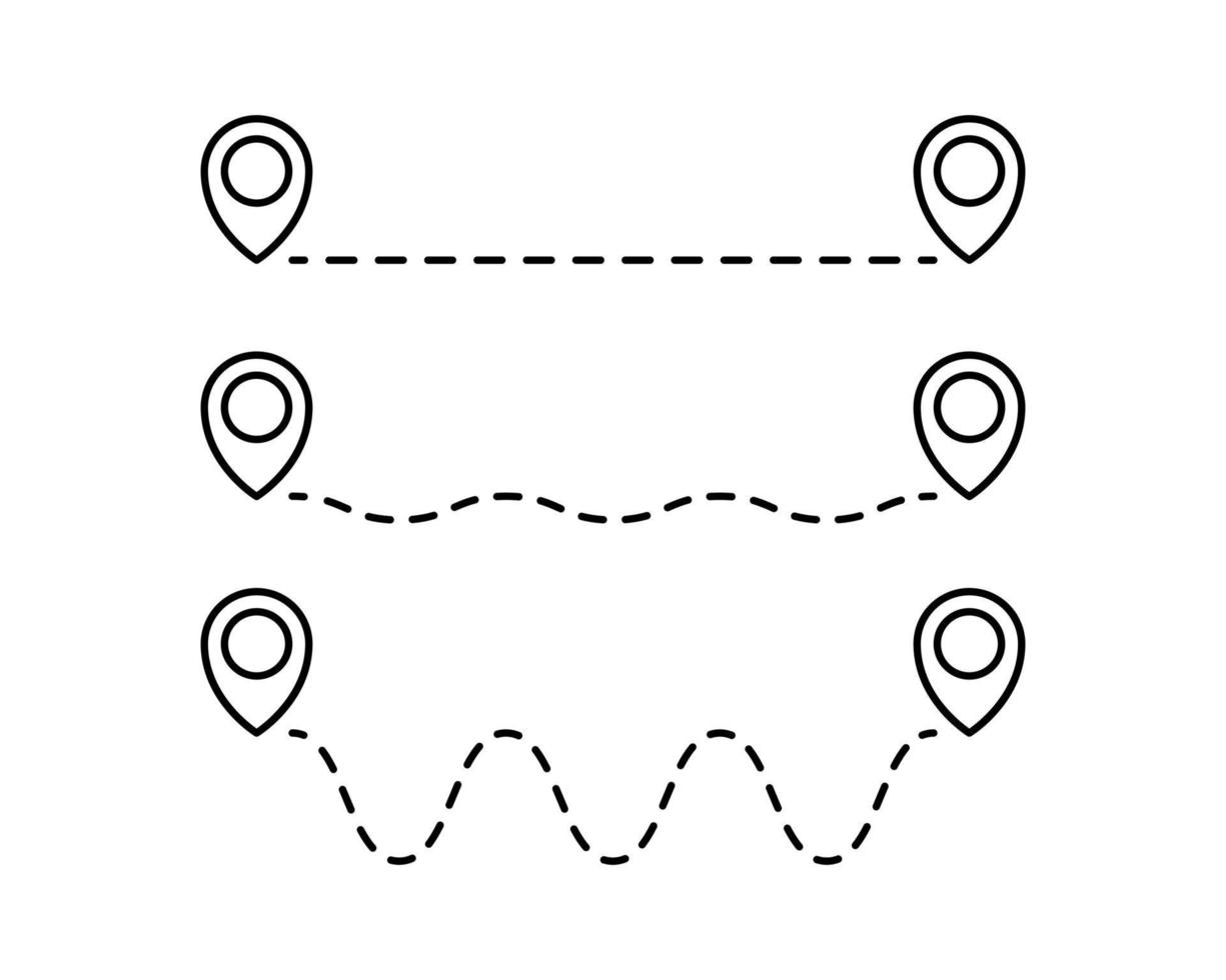 Route location icon, two map pin sign and road or path, start and end journey symbol, black color vector illustration isolated on white background