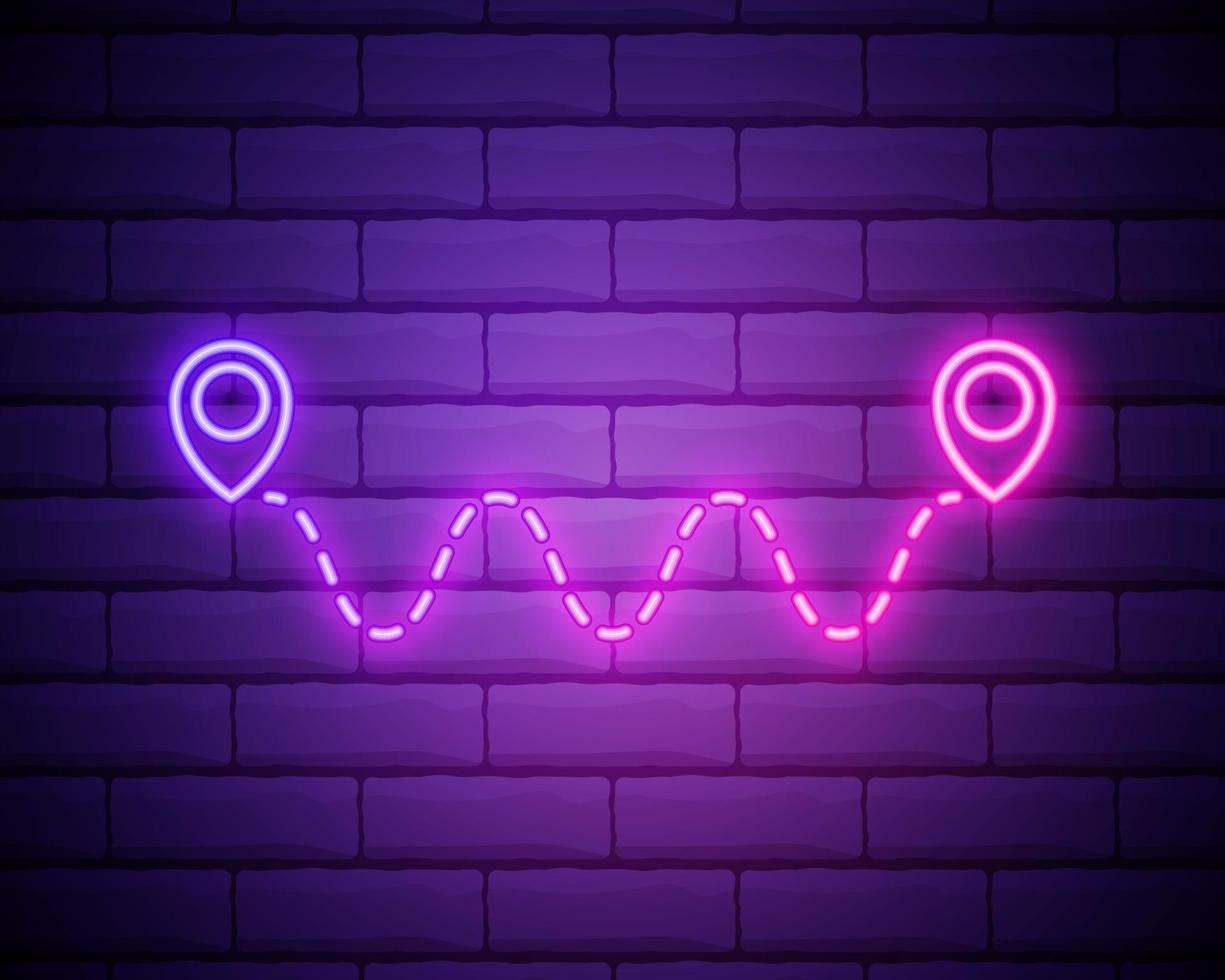 Glowing neon Route location icon isolated on brick wall background. Map pointer sign. Concept of path or road. GPS navigator. vector