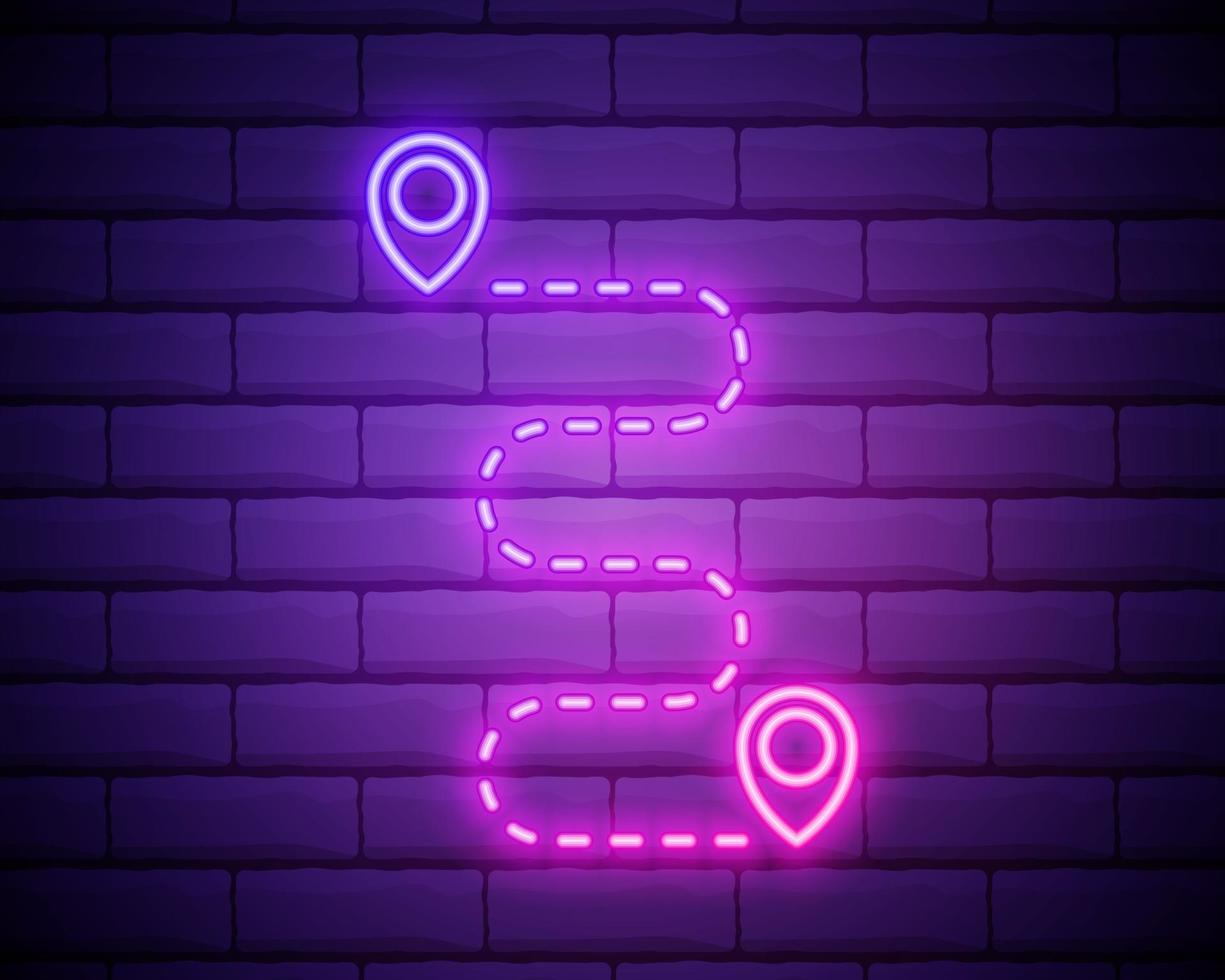 Glowing neon Route location icon isolated on brick wall background. Map pointer sign. Concept of path or road. GPS navigator. vector